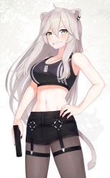 Rule 34 | 1girl, absurdres, ahoge, animal ears, bare arms, bare shoulders, black nails, black shorts, breasts, commentary, cowboy shot, dog tags, earrings, english commentary, fingernails, garter straps, grey eyes, grey pantyhose, grin, gun, hair between eyes, hand on own hip, handgun, highres, holding, holding gun, holding weapon, hololive, jewelry, large breasts, linea alba, lion ears, lion tail, long hair, looking at viewer, midriff, nail polish, navel, pantyhose, pistol, shishiro botan, shishiro botan (button-down), short shorts, shorts, smile, solo, sports bra, standing, tail, toned, trigger discipline, virtual youtuber, weapon, yoako