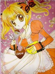 Rule 34 | 00s, 1girl, :o, ahoge, apron, blonde hair, blush, bowl, brown eyes, candy, chocolate, chocolate heart, cooking, dress, floral print, food, food-themed clothes, frills, fruit, hair ornament, hair ribbon, hanamori pink, heart, lace, long hair, maid, maid apron, mermaid melody pichi pichi pitch, nail polish, nanami lucia, official art, open mouth, orange dress, red nails, ribbon, scan, short twintails, solo, sparkle, strawberry, surprised, twintails, valentine, whisk, yellow eyes