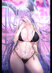 Rule 34 | 1girl, absurdres, bikini, blue hair, blush, breasts, cleavage, collarbone, curled horns, fate/grand order, fate (series), hair between eyes, hand on own chin, highres, horns, large breasts, long hair, looking at viewer, navel, pointy ears, purple eyes, revealing clothes, solo, spice (spicezzumi), stomach, stomach tattoo, swimsuit, symbol-shaped pupils, tattoo, thighs, tiamat (fate), upper body, very long hair, x-shaped pupils