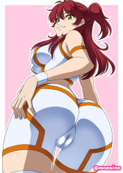 Rule 34 | 1girl, absurdres, artist name, ass, border, breasts, cameltoe, cleft of venus, commentary request, crop top, freckles, from below, gundam, gundam 00, highres, large breasts, long hair, looking at viewer, moeshino, nena trinity, outside border, partially visible vulva, pink background, red hair, shorts, simple background, smile, solo, thighhighs, two side up, white border, yellow eyes