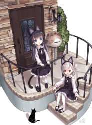 Rule 34 | 2girls, :o, animal ears, black cat, black dress, black footwear, black hair, blue eyes, blush, building, capriccio, cat, cat ears, cat tail, door, dress, fang, faux figurine, fence, hibanar, kaburi chiko, lantern, long hair, long sleeves, looking at viewer, mailbox, mary janes, multiple girls, ochi ripca, open mouth, original, pantyhose, paw print, plant, potted plant, puffy long sleeves, puffy sleeves, red eyes, shoes, short hair, short twintails, simple background, sitting, stairs, standing, tail, twintails, white background, white hair, white legwear
