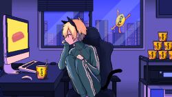 Rule 34 | 1girl, animal ears, animated, animated gif, blinking, blonde hair, blue jacket, blue pants, chair, chopsticks, city, desk, dithering, ear wiggle, fake animal ears, head rest, indoors, instant ramen, jacket, keyboard (computer), looping animation, monitor, mouse (computer), narume, night, office chair, original, pants, pixel art, red eyes, shelf, short hair, solo, steam, stereo, swivel chair, tail, tail wagging, track jacket, track suit, window, zipper