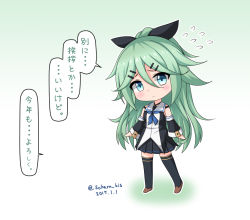 Rule 34 | 10s, 1girl, blue eyes, blush, brown footwear, chibi, dated, detached sleeves, flying sweatdrops, full body, green hair, hair between eyes, hair ornament, hair ribbon, hairclip, kantai collection, kotoyoro, long hair, looking at viewer, new year, outline, pleated skirt, ponytail, ribbon, saratoga (scharn), shoes, skirt, solo, speech bubble, thighhighs, translation request, twitter username, white outline, yamakaze (kancolle), zettai ryouiki