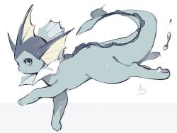 Rule 34 | animal focus, blue eyes, bubble, commentary request, creatures (company), fins, game freak, gen 1 pokemon, head fins, hideko (l33l3b), highres, nintendo, no humans, pokemon, pokemon (creature), signature, simple background, smile, solo, swimming, vaporeon, white background