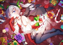 Rule 34 | 1girl, absurdres, arched back, asymmetrical legwear, bare shoulders, bed sheet, bell, black thighhighs, black wings, blue eyes, blush, bow, box, breasts, candy, candy cane, candy wrapper, christmas, closed mouth, commentary, curled horns, demon girl, demon horns, demon tail, demon wings, dress, elbow gloves, english commentary, food, from above, gift, gift box, gloves, green bow, green ribbon, grey hair, hair bell, hair between eyes, hair ornament, hair ribbon, hand up, heart, heart-shaped pupils, highres, horns, jingle bell, lollipop, long hair, looking at viewer, looking up, lying, niliu chahui, no shoes, on side, original, qys3, red bow, red dress, red gloves, ribbon, see-through, sleeveless, sleeveless dress, small breasts, solo, swirl lollipop, symbol-shaped pupils, tail, thighhighs, twintails, uneven legwear, wings