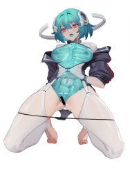 Rule 34 | 1girl, absurdres, barefoot, black panties, blue hair, bone, breasts, censored, cipozhong yundepeitela, highres, inverted nipples, jacket, large breasts, looking away, monster girl, open clothes, open jacket, original, panties, panty pull, pink eyes, short hair, slime girl, solo, thighhighs, toeless legwear, toes, see-through body, underwear, white thighhighs