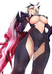 Rule 34 | 1girl, artoria pendragon (fate), artoria pendragon (lancer alter) (fate), blonde hair, bodysuit, braid, breasts, cleavage, commentary request, crown braid, fate/grand order, fate (series), french braid, from below, gloves, headgear, holding, huge breasts, kamaboko (ossann0125), lance, large breasts, navel, open mouth, polearm, ribbed bodysuit, short hair, sidelocks, skindentation, solo, thighhighs, underboob, weapon, yellow eyes