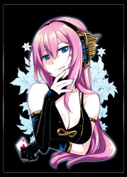 Rule 34 | 1girl, :q, bare shoulders, blue eyes, breasts, caffein, card, cleavage, elbow gloves, gloves, headphones, highres, long hair, megurine luka, pink hair, playing card, solo, tongue, tongue out, vocaloid