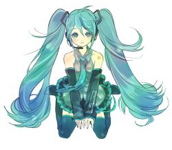 Rule 34 | 1girl, aqua eyes, aqua hair, detached sleeves, female focus, full body, hatsune miku, headset, long hair, necktie, simple background, sitting, skirt, solo, thighhighs, trico (mentalsketch1985), twintails, very long hair, vocaloid, wariza, white background