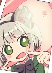 Rule 34 | 1girl, absurdres, azumayoriko, black bow, black bowtie, black hairband, blush, bow, bowtie, commentary request, ghost, green eyes, grey hair, hairband, highres, konpaku youmu, konpaku youmu (ghost), looking at viewer, open mouth, photo (object), pink background, pointing, pointing at self, short hair, solo, touhou, upper body