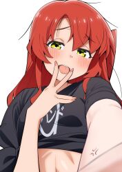 Rule 34 | 1girl, black shirt, blush, bocchi the rock!, clothes lift, commentary request, cunnilingus gesture, female pervert, green eyes, half-closed eyes, highres, kita ikuyo, long hair, looking at viewer, midriff, one side up, pervert, red hair, sakura 1110ssmm, shirt, shirt lift, short sleeves, simple background, solo, tongue, tongue out, upper body, v over mouth, white background