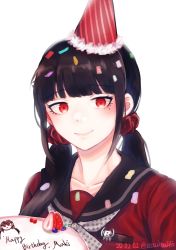 Rule 34 | 1girl, absurdres, black hair, black sailor collar, blunt bangs, cake, character name, character print, closed mouth, collarbone, commentary request, danganronpa (series), danganronpa v3: killing harmony, dated, food, fruit, hair ornament, hair over shoulder, hair scrunchie, happy birthday, harukawa maki, hat, highres, long hair, looking at viewer, mole, mole under eye, party hat, red eyes, red scrunchie, red shirt, sailor collar, school uniform, scrunchie, self character print, shirt, simple background, smile, solo, strawberry, twintails, twitter username, upper body, white background, zezzubou45