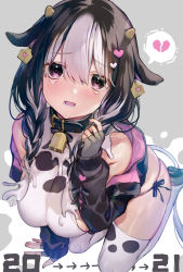 Rule 34 | 1girl, animal ears, animal print, arm support, bare shoulders, bell, belt collar, black collar, black hair, black jacket, black thighhighs, blush, braid, breasts, collar, cow ears, cow girl, cow horns, cow print, cow tail, cowbell, dutch angle, fingerless gloves, foot out of frame, from above, gloves, gluteal fold, grey background, grey gloves, hair between eyes, hair ornament, happy new year, heart, heart hair ornament, horns, jacket, large breasts, long sleeves, looking at viewer, milk, multicolored hair, new year, off shoulder, open mouth, original, panties, purple eyes, side-tie panties, sideboob, simple background, sitting, skindentation, solo, tail, tears, thighhighs, twin braids, two-tone hair, two-tone legwear, underwear, vivi (eve no hakoniwa), wariza, white background, white hair, white thighhighs