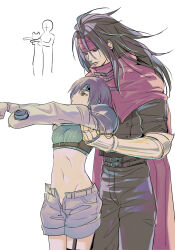 Rule 34 | 1boy, 1girl, belt, black hair, black jacket, black pants, brown hair, cape, cloak, cowboy shot, cropped sweater, final fantasy, final fantasy vii, final fantasy vii rebirth, garter straps, gauntlets, green sweater, headband, height difference, highres, jacket, lifting person, long hair, longcat (meme), looking at another, meme, midriff, multiple belts, navel, open fly, outstretched arms, pants, red cape, red cloak, red eyes, red headband, shoji sakura, short hair, shorts, single garter strap, single gauntlet, sleeveless, sleeveless turtleneck, sweater, turtleneck, turtleneck sweater, vincent valentine, white background, yuffie kisaragi