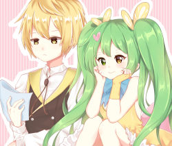 Rule 34 | 1boy, 1girl, arm support, bare shoulders, black vest, blonde hair, blue bow, blush, bolo tie, bow, closed mouth, collared shirt, commentary request, dress, facial mark, fingerless gloves, food fantasy, gloves, green eyes, green hair, hair ornament, hair ribbon, heart, heart hair ornament, heterochromia, highres, jello (food fantasy), light (luxiao deng), long hair, long sleeves, looking at viewer, outline, pink background, pink bow, pudding (food fantasy), ribbon, shirt, sidelocks, single glove, sitting, sleeveless, sleeveless dress, smile, striped, striped background, twintails, vertical stripes, very long hair, vest, white outline, white shirt, yellow dress, yellow eyes, yellow gloves, yellow ribbon
