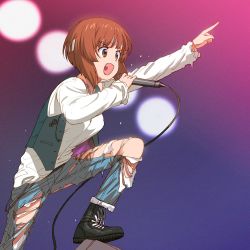 Rule 34 | 1girl, a1 (initial-g), black footwear, black vest, boots, brown eyes, brown hair, chain, commentary, cross-laced footwear, denim, foot up, girls und panzer, headband, highres, holding, holding microphone, jeans, lace-up boots, long sleeves, microphone, nishizumi miho, open clothes, open mouth, open vest, pants, pointing, sex pistols, shirt, short hair, smile, solo, standing, torn clothes, torn jeans, torn pants, translated, v-shaped eyebrows, vest, white headband, white shirt