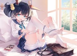 Rule 34 | 1girl, animal ears, bag, black hair, bloomers, blue eyes, blue neckerchief, blue sailor collar, blue skirt, cellphone, earphones, earphones removed, fake animal ears, fang, feet, foot focus, full body, hair ornament, hair rings, highres, id card, indoors, lanyard, long sleeves, looking at viewer, lying, miniskirt, neckerchief, no shoes, on back, on bed, open mouth, original, phone, pillow, pleated skirt, pom pom (clothes), pom pom hair ornament, puffy long sleeves, puffy sleeves, sailor collar, school uniform, serafuku, shirt, skin fang, skirt, smartphone, solo, suaynnai wanzi, sunlight, thighhighs, toes, underwear, white bloomers, white shirt, white thighhighs, window