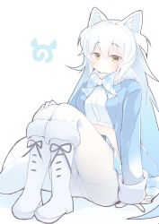 Rule 34 | 1girl, absurdres, animal ears, arctic wolf (kemono friends), blush, boots, bow, bowtie, breasts, closed mouth, expressionless, fur collar, highres, japari symbol, kanzakietc, kemono friends, long hair, long sleeves, looking at viewer, medium breasts, midriff, panties, plaid, plaid skirt, simple background, sitting, skirt, solo, tail, underwear, white background, white hair, white legwear, white panties, wolf ears, wolf tail, yellow eyes