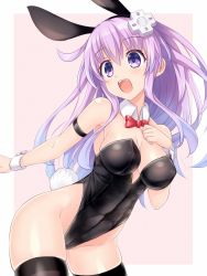 Rule 34 | 1girl, animal ears, armband, bare shoulders, black leotard, black thighhighs, blush, bow, bowtie, breasts, cameltoe, cleavage, collarbone, cowboy shot, d-pad, d-pad hair ornament, detached collar, fake animal ears, hair ornament, hand on own chest, highleg, highleg leotard, highres, kazuneko (wktk1024), leotard, long hair, medium breasts, nepgear, neptune (series), open mouth, pink background, playboy bunny, purple eyes, purple hair, rabbit ears, red bow, red bowtie, simple background, sleeveless, smile, solo, thighhighs, wrist cuffs