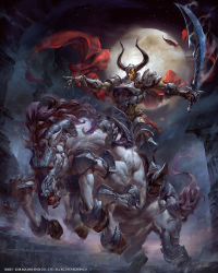 Rule 34 | armor, barding, cape, final fantasy, final fantasy vii, fog, full moon, highres, holding, holding sword, holding weapon, horns, horse, moon, odin (final fantasy), red eyes, revision, sleipnir (final fantasy), square enix, sword, weapon, yu cheng hong