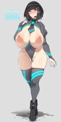 Rule 34 | 1girl, absurdres, between breasts, black eyes, black hair, blush, boots, breasts, breasts out, cleft of venus, curvy, frontal wedgie, full body, grey background, grey eyes, hair ornament, hairclip, highleg, highleg leotard, highres, huge breasts, idol (konoshige), konoshige (ryuun), large areolae, leotard, looking at viewer, necktie, nipples, original, partially visible vulva, pussy juice, revealing clothes, short hair, shrug (clothing), simple background, skindentation, solo, standing, sweat, thick thighs, thighhighs, thighs, wedgie, wide hips