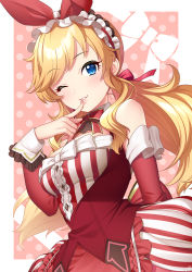 Rule 34 | 1girl, absurdres, apron, bare shoulders, blonde hair, blue eyes, blush, border, bow, bowtie, breasts, character request, cowboy shot, detached sleeves, dress, finger to mouth, frilled apron, frilled sleeves, frills, hair ribbon, highres, idolmaster, idolmaster cinderella girls, long hair, long sleeves, looking at viewer, low twintails, maid headdress, medium breasts, mikapoe, one eye closed, open clothes, open vest, outside border, parted lips, pink background, polka dot, polka dot background, red apron, red bow, red bowtie, red dress, red ribbon, red vest, ribbon, smile, solo, striped clothes, striped dress, twintails, vertical-striped clothes, vertical-striped dress, vest, waist apron, white border