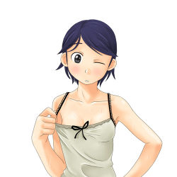 Rule 34 | 00s, 1girl, blue eyes, blue hair, blush, bow, breasts, camisole, hand on own hip, hip focus, lowres, maria-sama ga miteru, matching hair/eyes, medium breasts, no bra, one eye closed, short hair, simple background, small breasts, solo, sweat, toshifumi, wink, yamaguchi mami