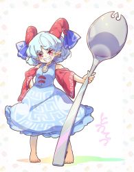 Rule 34 | 1girl, barefoot, blue dress, blue hair, breasts, commentary request, curly hair, detached sleeves, dress, earrings, eye print, full body, holding, holding spork, horizontal pupils, horn ornament, horn ribbon, horns, jewelry, light blue hair, meandros, nail, oversized object, patterned clothing, pointy ears, rectangular pupils, red eyes, red horns, red sleeves, ribbon, sharp teeth, sheep horns, short hair, simple background, small breasts, solo, spork, standing, tanasuke, teeth, toenails, toes, touhou, toutetsu yuuma, translation request, utensil, white background