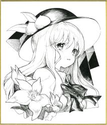Rule 34 | 1girl, blush, bow, bowtie, commentary, eyebrows hidden by hair, flower, food, food-themed hair ornament, fruit, greyscale, hair ornament, hat, highres, hinanawi tenshi, leaf, long hair, looking at viewer, millipen (medium), monochrome, oshake, parted lips, peach, peach hair ornament, photo (medium), shirt, sidelocks, sleeveless, sleeveless shirt, solo, touhou, traditional media, upper body