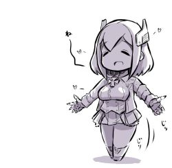 Rule 34 | 1girl, :d, azur lane, boots, breasts, chibi, closed eyes, collared shirt, cross, gloves, greyscale, headgear, heart, iron cross, jacket, large breasts, long sleeves, monochrome, open mouth, outstretched arms, pleated skirt, roon (azur lane), shadow, shirt, skirt, smile, solo, standing, u-non (annon&#039;an), white background