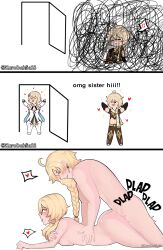 Rule 34 | 1boy, 1girl, aether (genshin impact), ass, blonde hair, braid, breasts, brother and sister, chibi, comic, earrings, genshin impact, hair between eyes, heart, heart-shaped pupils, hetero, highres, holding, incest, jewelry, kurodahlia18, long hair, looking back, looking down, lumine (genshin impact), lying, medium breasts, nude, on floor, on stomach, prone bone, sex, sex from behind, short hair, siblings, simple background, smile, sweat, symbol-shaped pupils, talking, tongue, tongue out, twincest, twins, yellow eyes