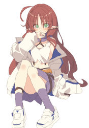 Rule 34 | 1girl, ahoge, arknights, blue scarf, blue skirt, blue socks, covering own mouth, crop top, ear piercing, full body, green eyes, hand to own mouth, invisible chair, jacket, long hair, long sleeves, myrtle (arknights), open clothes, open jacket, piercing, pointy ears, red hair, satou kibi, scarf, shirt, simple background, sitting, skirt, sleeveless, sleeveless shirt, sleeves past fingers, sleeves past wrists, socks, solo, sweatdrop, wavy hair, white background, white footwear, white jacket, white shirt