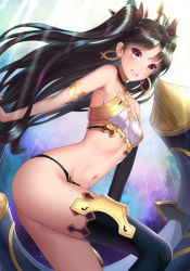 Rule 34 | 1girl, :d, armlet, armpits, ass, backlighting, bare shoulders, bikini, black bikini, black hair, black ribbon, black thighhighs, blush, breasts, cleavage, detached sleeves, earrings, fate/grand order, fate (series), from side, hair ribbon, heavenly boat maanna, hoop earrings, ishtar (fate), jewelry, leaning forward, light beam, long hair, looking at viewer, looking to the side, medium breasts, mismatched bikini, mizuya nao, navel, neck ring, open mouth, parted bangs, pink eyes, ribbon, round teeth, single detached sleeve, single thighhigh, smile, solo, sparkle, stomach, strapless, swimsuit, teeth, thighhighs, thighs, two side up, very long hair, white bikini
