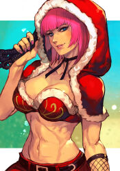 Rule 34 | 1girl, belt, blue eyes, blunt bangs, breasts, cleavage, fishnets, holding, holding whip, hungry clicker, large breasts, looking at viewer, navel, official alternate costume, official alternate hairstyle, pink hair, pink nails, poison (final fight), short hair, smirk, solo, street fighter, street fighter v, upper body
