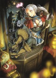 Rule 34 | 1girl, 2boys, blue eyes, blush, book, boots, braid, breasts, cape, cleavage, daigoman, drooling, faceless, faceless male, feathers, fire emblem, fire emblem cipher, fire emblem fates, fujoshi, hairband, heart, helmet, jewelry, long hair, multiple boys, necklace, nina (fire emblem), nintendo, official art, ring, sitting, solo focus, twin braids, white hair