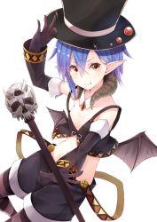 Rule 34 | 1girl, bad id, bad pixiv id, bat wings, blue hair, breasts, cleavage, detached sleeves, fang, hand on headwear, hat, highres, holding, looking at viewer, midriff, neko sensha, original, pointy ears, shorts, skull, small breasts, smile, solo, staff, top hat, wings, yellow eyes