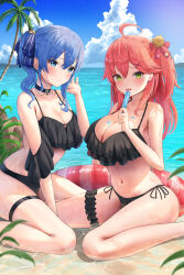 Rule 34 | 2girls, absurdres, ahoge, alternate breast size, beach, bikini, black bikini, blue hair, breasts, cleavage, cloud, day, food, green eyes, highres, holding, holding food, holding popsicle, hololive, hoshimachi suisei, large breasts, long hair, looking at viewer, micomet (hololive), multiple girls, navel, ocean, outdoors, p-tomi, palm tree, pink hair, popsicle, sakura miko, side ponytail, sitting, sky, swimsuit, tree, virtual youtuber