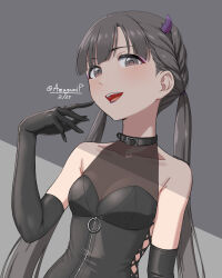 1girl absurdres amagamip bare_shoulders belt_collar black_dress blush breasts collar commentary_request cross-laced_clothes dress elbow_gloves fake_horns fang gloves grey_eyes grey_hair highres horns idolmaster idolmaster_cinderella_girls kobayakawa_sae long_hair looking_at_viewer open_mouth see-through_clothes small_breasts smile solo teeth twintails upper_body very_long_hair