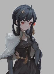 Rule 34 | 1girl, ahoge, black dress, breasts, chinese clothes, closed mouth, coat, crescent, crescent hair ornament, dress, grey background, hair ornament, highres, joints, lazel (lazel 1057), mechanical arms, pulao (punishing: gray raven), punishing: gray raven, red eyes, robot joints, short coat, small breasts, twintails, white coat