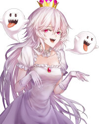 Rule 34 | 1girl, boo (mario), breasts, cleavage, crown, dress, elbow gloves, gloves, hair between eyes, highres, long hair, looking at viewer, luigi&#039;s mansion, mario (series), medium breasts, new super mario bros. u deluxe, nintendo, open mouth, personification, princess king boo, sharp teeth, smile, solo, super crown, suprii, teeth, tongue, tongue out, white dress, white gloves
