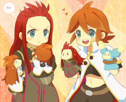 Rule 34 | 00s, 2boys, asch (tales), bad id, bad pixiv id, green eyes, hand puppet, heart, inamura (yanahiyabao), long hair, luke fon fabre, male focus, midriff, mieu (tales), multiple boys, open mouth, puppet, red hair, surcoat, tales of (series), tales of the abyss