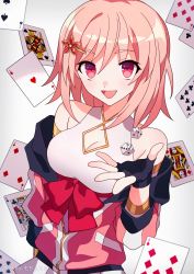 Rule 34 | 1girl, :d, breasts, card, cleavage, cleavage cutout, clothing cutout, commentary request, commission, dice, floating card, hair ornament, highres, large breasts, looking at viewer, mochoeru, open mouth, original, pink hair, red eyes, short hair, skeb commission, smile, solo