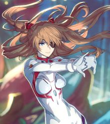 Rule 34 | 1girl, blue eyes, blurry, blurry background, bodysuit, breasts, brown hair, closed mouth, commentary request, evangelion: 3.0+1.0 thrice upon a time, eyepatch, fujii eishun, hair ornament, hands up, highres, interface headset, interlocked fingers, lips, long hair, long sleeves, medium breasts, neon genesis evangelion, plugsuit, rebuild of evangelion, signature, simple background, skin tight, smile, solo, souryuu asuka langley, turtleneck, white bodysuit