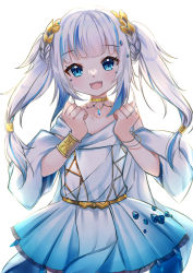 Rule 34 | 1girl, :d, absurdres, backlighting, bare shoulders, blue dress, blue eyes, blue hair, blush, collarbone, commentary, dress, gawr gura, gawr gura (party dress), gradient dress, hands up, highres, hololive, hololive english, long hair, looking at viewer, multicolored hair, open mouth, pleated dress, rinringyo, sharp teeth, silver hair, simple background, smile, solo, standing, streaked hair, teeth, twintails, virtual youtuber, white background, white dress
