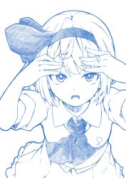 Rule 34 | 1girl, ascot, blue theme, collared shirt, commentary, frilled skirt, frills, from above, hair ribbon, hairband, hands on own head, hands up, highres, ishimu, konpaku youmu, looking at viewer, medium hair, monochrome, open mouth, puffy short sleeves, puffy sleeves, ribbon, shirt, short sleeves, simple background, skirt, solo, touhou, upper body