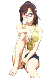 Rule 34 | 1girl, alcohol, alternate hairstyle, bare shoulders, barefoot, beer, beer can, breasts, brown hair, can, collarbone, cosplay, denim, denim shorts, drink can, evangelion: 2.0 you can (not) advance, feet, female focus, fingernails, glasses, green eyes, grin, hairband, katsuragi misato, katsuragi misato (cosplay), large breasts, long legs, looking at viewer, makinami mari illustrious, md5 mismatch, midriff, navel, neon genesis evangelion, norizou, norizou type-r, one eye closed, ponytail, rebuild of evangelion, red-framed eyewear, revision, shorts, simple background, sitting, smile, solo, tank top, teeth, toenails, toes, white background, wink, yebisu