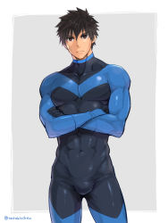 Rule 34 | 1boy, abs, black bodysuit, black eyes, black hair, bodysuit, bulge, closed mouth, crossed arms, large pectorals, looking at viewer, male focus, muscular, muscular male, original, pectorals, short hair, simple background, skin tight, solo, thick thighs, thighs, torakichi (ebitendon)