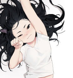 Rule 34 | 1girl, :3, animal ears, armpit peek, bad id, bad pixiv id, black eyes, black hair, blush, cat ears, closed mouth, commentary, dongho kang, flat chest, highres, long hair, looking at viewer, lying, messy hair, on back, one eye closed, original, paw pose, reaching, reaching towards viewer, shirt, short sleeves, smile, solo, symbol-only commentary, upper body, white shirt