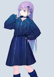 Rule 34 | 1girl, blue coat, blue eyes, blue footwear, blue ribbon, blush, boots, breasts, choker, coat, coffeekite, fate/grand order, fate (series), hair ribbon, highres, jewelry, knee boots, long hair, long sleeves, looking to the side, meltryllis (fate), necklace, purple hair, ribbon, small breasts, solo, thighs, very long hair