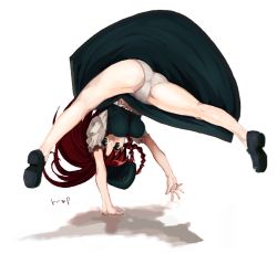 Rule 34 | 1girl, bad id, bad pixiv id, braid, china dress, chinese clothes, dress, female focus, full body, handstand, hong meiling, immaterial and missing power, long hair, one arm handstand, panties, red hair, ribbon, rkrk, royalrisk (artist), simple background, solo, spread legs, touhou, twin braids, underwear, white background